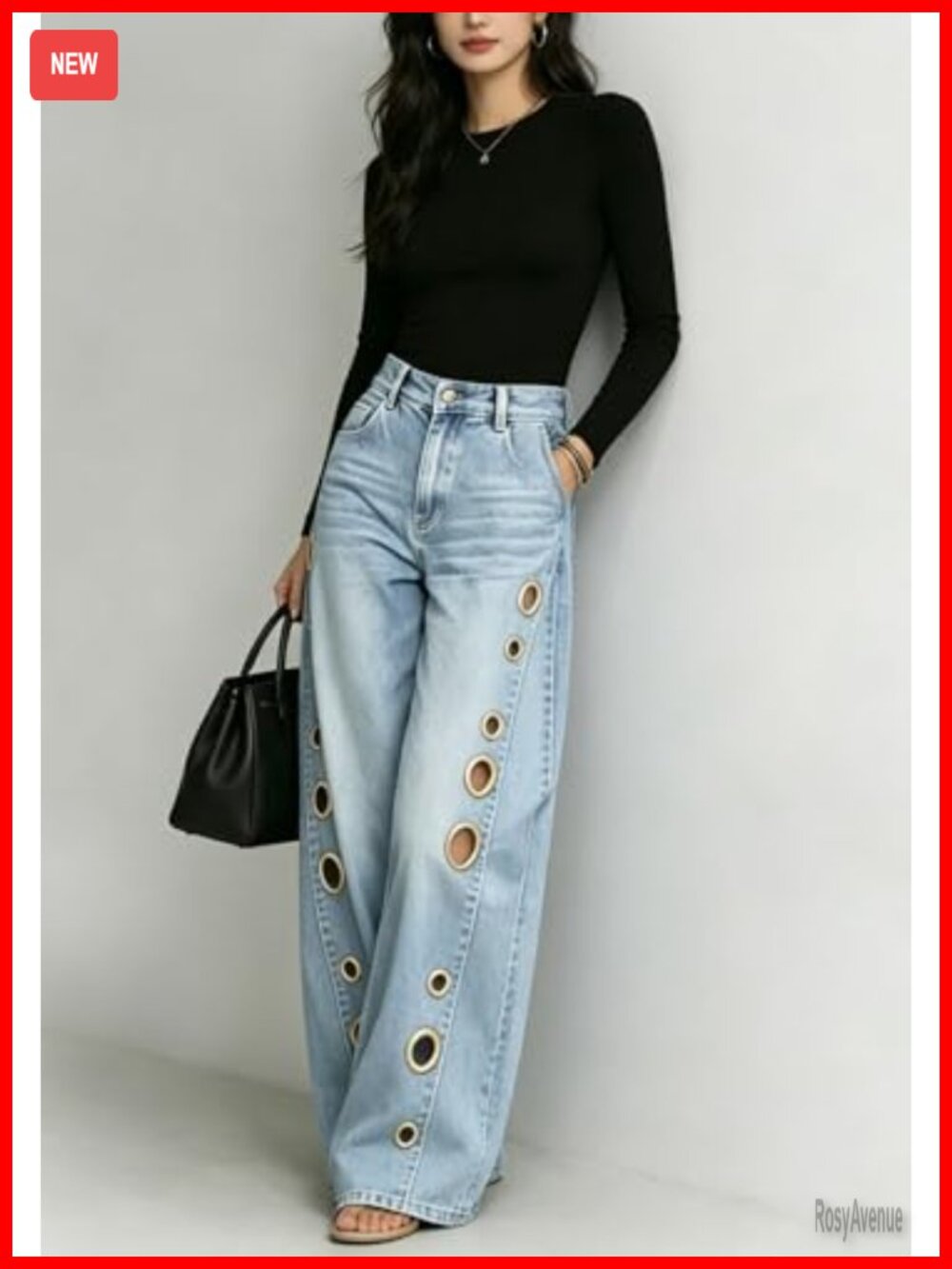 High Waisted Wide Leg Grommet Eyelet Cut Out Jeans Y2K Streetwear - Picture 2 of 6